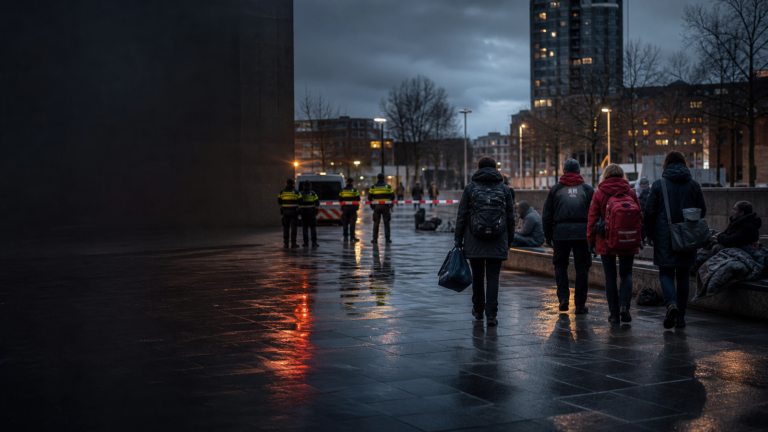 Natte stadsvloer met politieafzetting op afstand en een outreachteam dat richting kwetsbare mensen loopt.