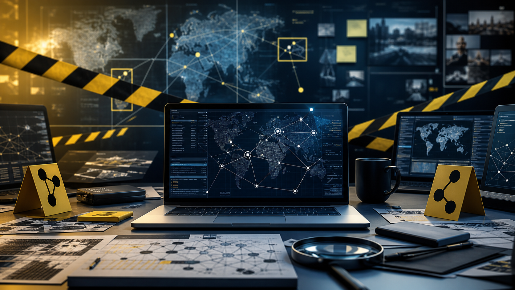 Een redactionele illustratie van digitale opsporing met laptops, meldingen en politielinten zonder echte logo's